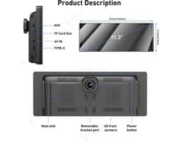 Navigatiesysteem Auto - Dashcam voor auto - GPS Navigatie - Draadloze - 4K DVR - Bluetooth Audio - ADAS Systeem - 11,3" - Achteruitrijcamera - 64TF