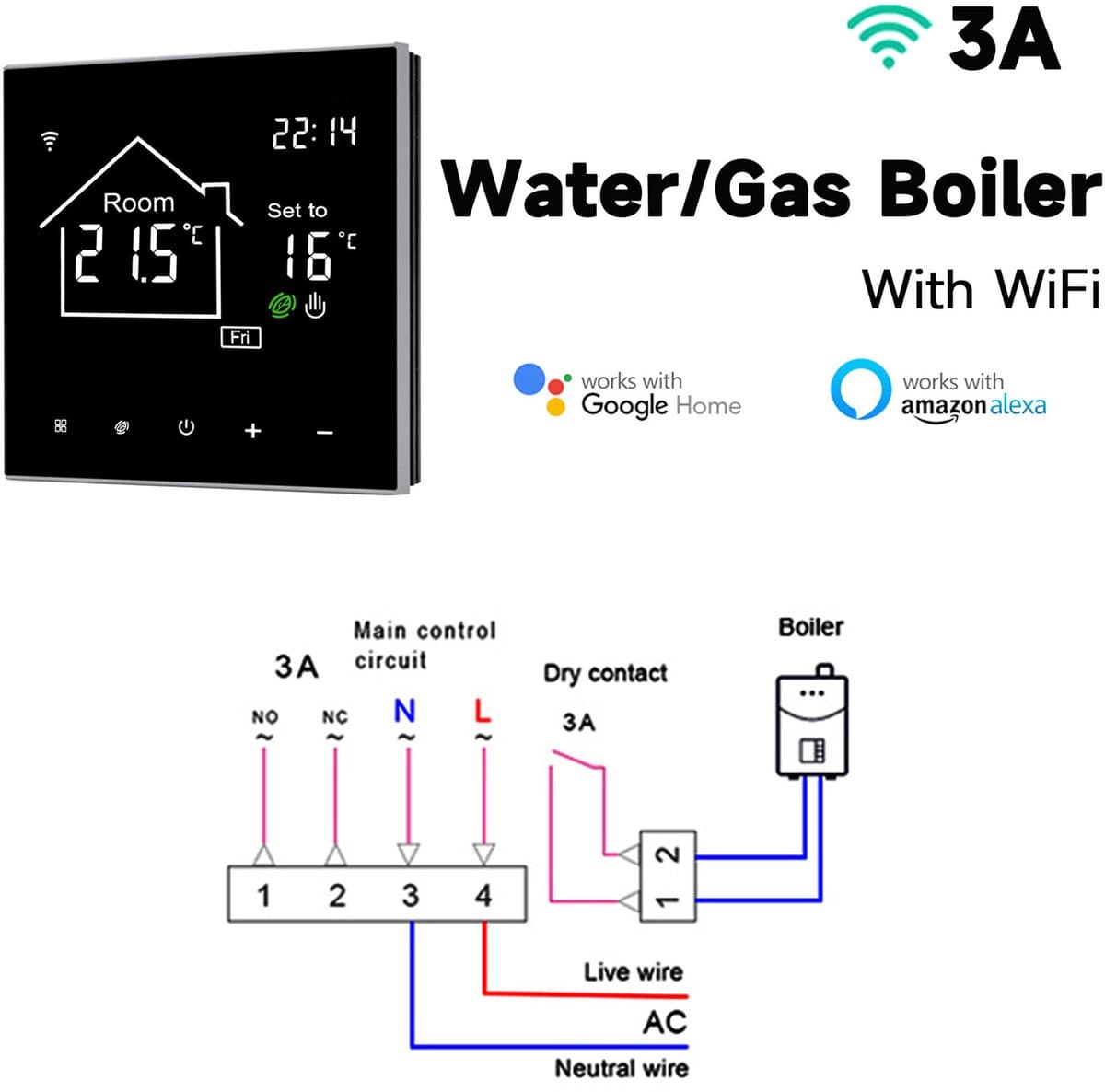 WiFi slimme thermostaat - Regelaar voor watergedragen vloerverwarming - Bediening op afstand via mobiele telefoon - Energiebesparende functie met één druk op de knop - LCD-touchscreen - Witte achtergrondverlichting - 3A — afbeelding 1