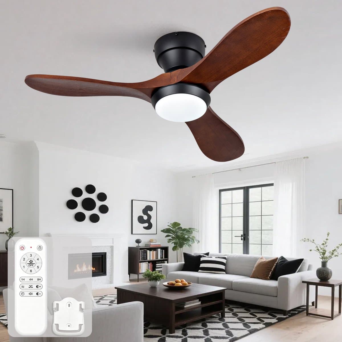 36 inch Ventilator - 3 CCT Verlichting - Afstandsbediening - 6 Snelheden - 3 Massief Houten Bladen - Omkeerbare Rotatie — afbeelding 1