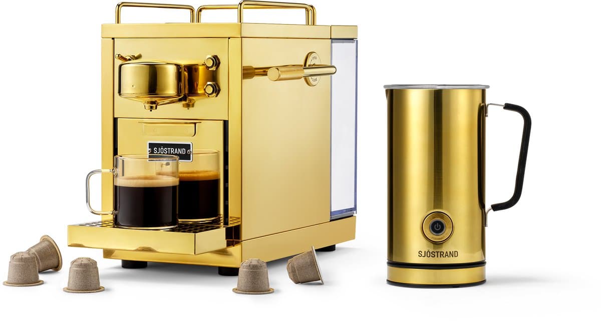 Sjöstrand Espresso Capsule Machine The Original 2.0 Brass + Melkopschuimer - Goud- Set — afbeelding 1