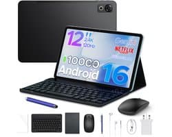 POCKAM P12 - Tablet - Tablets - 48 GB RAM (8+40 GB) - 128 GB ROM - 12 inch 2K 120 Hz IPS - Android 16 - 10000 mAh /18 W - T7280 Octa Core - Dubbele camera - WiFi 5 - Bluetooth - Face ID - Toetsenbord - Stylus meegeleverd - Zwart