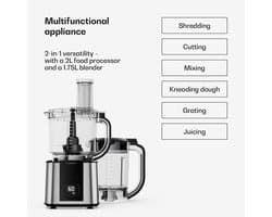 Klarstein Keukenmachine Verosteel met mixer – 1200 W multifunctionele keukenmachine, 2-liter kom, 1,75-liter mixer, 10 snelheden, 6 programma's, sapcentrifuge & vleesmolen - 1,75L - voor Keuken - Knetmaschine - Rührmaschine - Roermachine