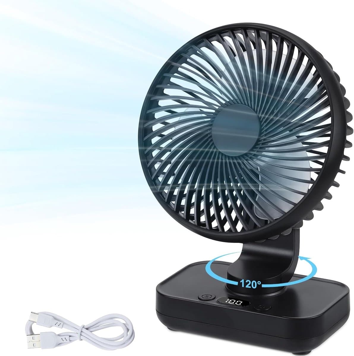 Zakventilator - Draagbare USB-bureauventilator - Ultrastille automatische oscillatie 120° - Krachtige oplaadbare batterij van 4000 mAh - Mini-bureauventilator - 4 snelheden - Kleine ventilator voor thuis, slaapkamer en buiten - Zwart — afbeelding 1