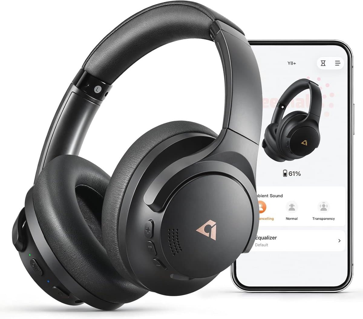 1Mii Y8+ Active Noise Cancelling Headphones, Wireless LDAC Hi-Res Audio with Adjustable EQ, 75 Hours Playtime, Over-Ear Bluetooth Headphones, Comfortable, Foldable Black — afbeelding 1
