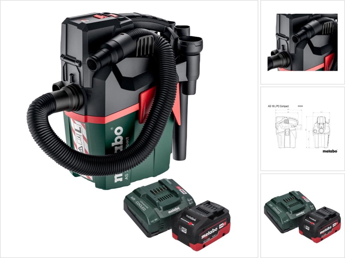 Metabo AS 18 L PC Compact accustofzuiger 18 V 6 l IPX4 stofklasse L nat en droog + 1x accu 5,5 Ah + oplader — afbeelding 1