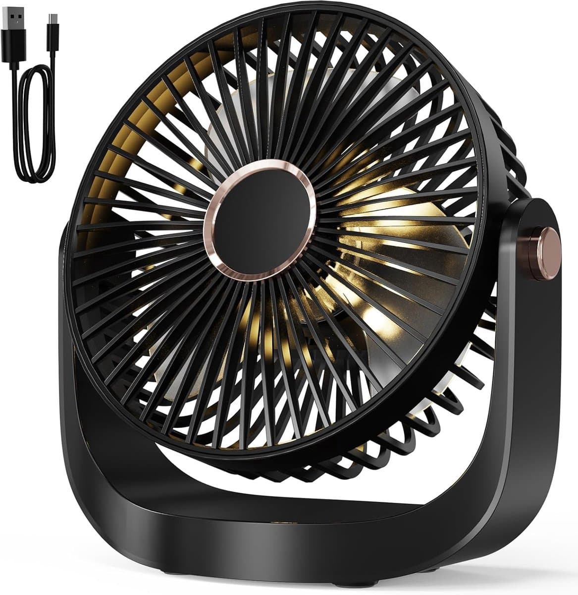 Solvix tafel ventilator geluidloos - Tafelfan met Nachtlamp - Zwart - Oplaadbare USB Fan - 5 Snelheden - Voor Thuis, Kantoor en Reis — afbeelding 1