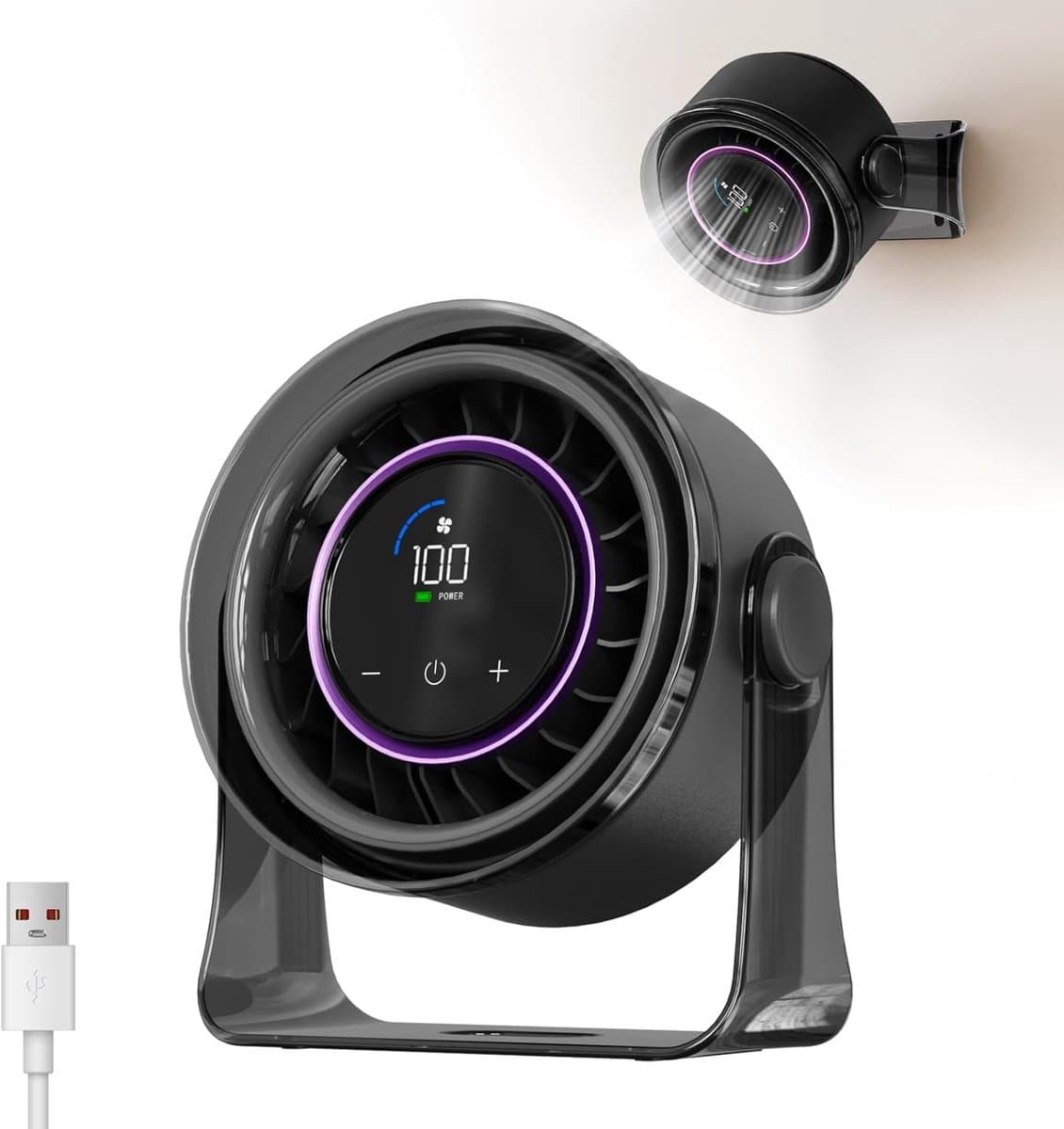 Bureaufan USB oplaadbaar stil met 100 snelheden, draagbare tafelventilator met LED display en 360° rotatie zwart — afbeelding 1