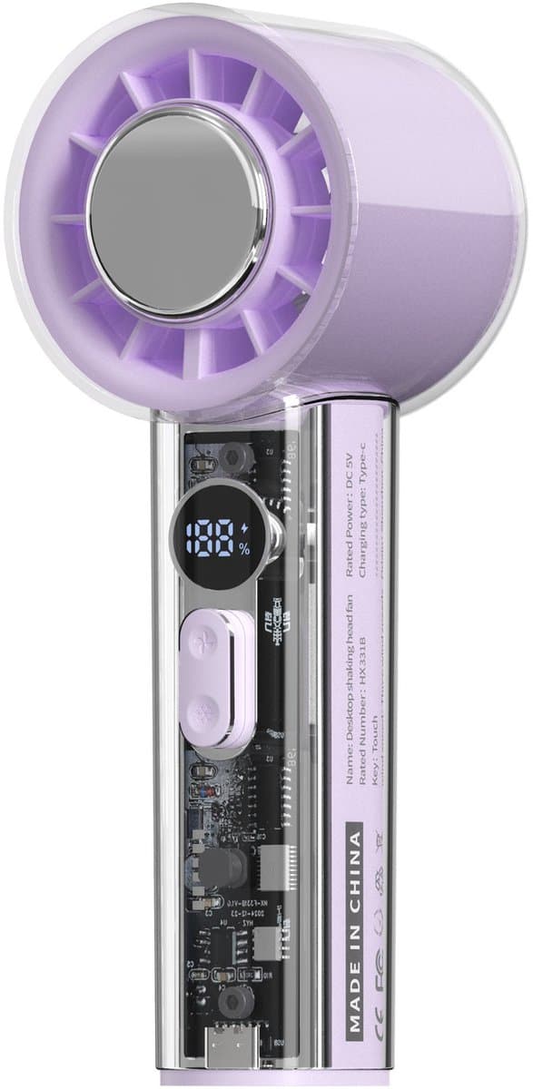 Draagbare zakventilator met ingebouwde koeler, 5000mAh-batterij, led-scherm, krachtige turbofunctie en transparante behuizing. Ideaal voor op reis, de zomer, concerten en buitenactiviteiten. — afbeelding 1