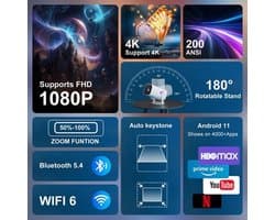 Draagbare Beamer 1920 x 1080 LCD - Wi-Fi 6 Bluetooth 5.4 - 1800 ANSI Lumen - Compact 9x9x19 cm - Voor Thuisbioscoop