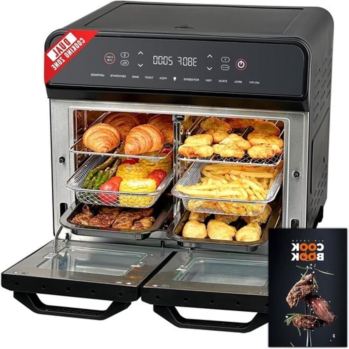 Dubbele-zone-luchtfriteuse - Digitale mini-oven - Grote maaltijden bereiden - Veelzijdig ontwerp met twee zones - 24 Kwarts - Zwart — afbeelding 1