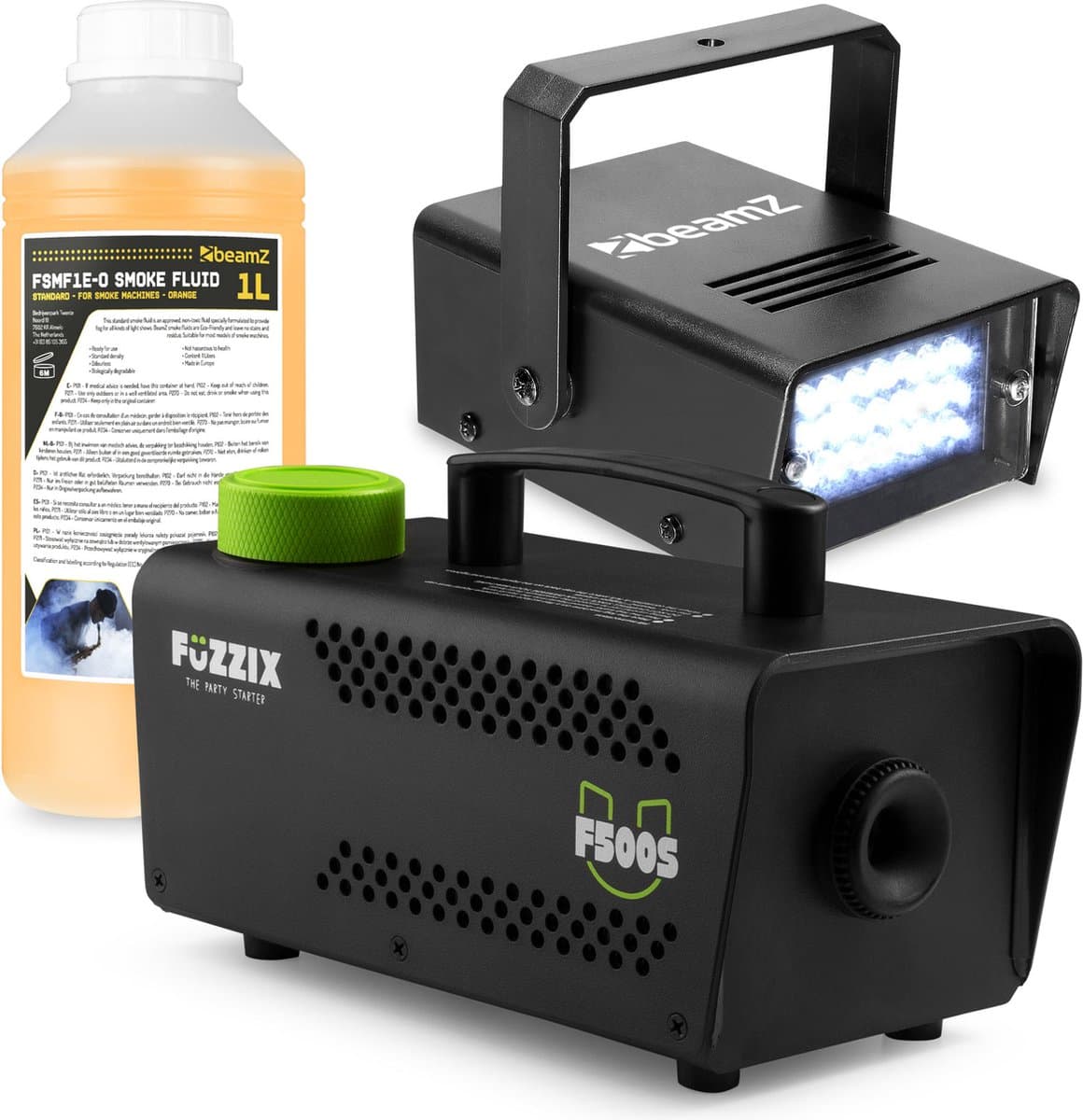 Rookmachine en stroboscoop - BeamZ LED stroboscoop + S500 rookmachine 500W met extra 250ml rookvloeistof (500ml totaal) — afbeelding 1