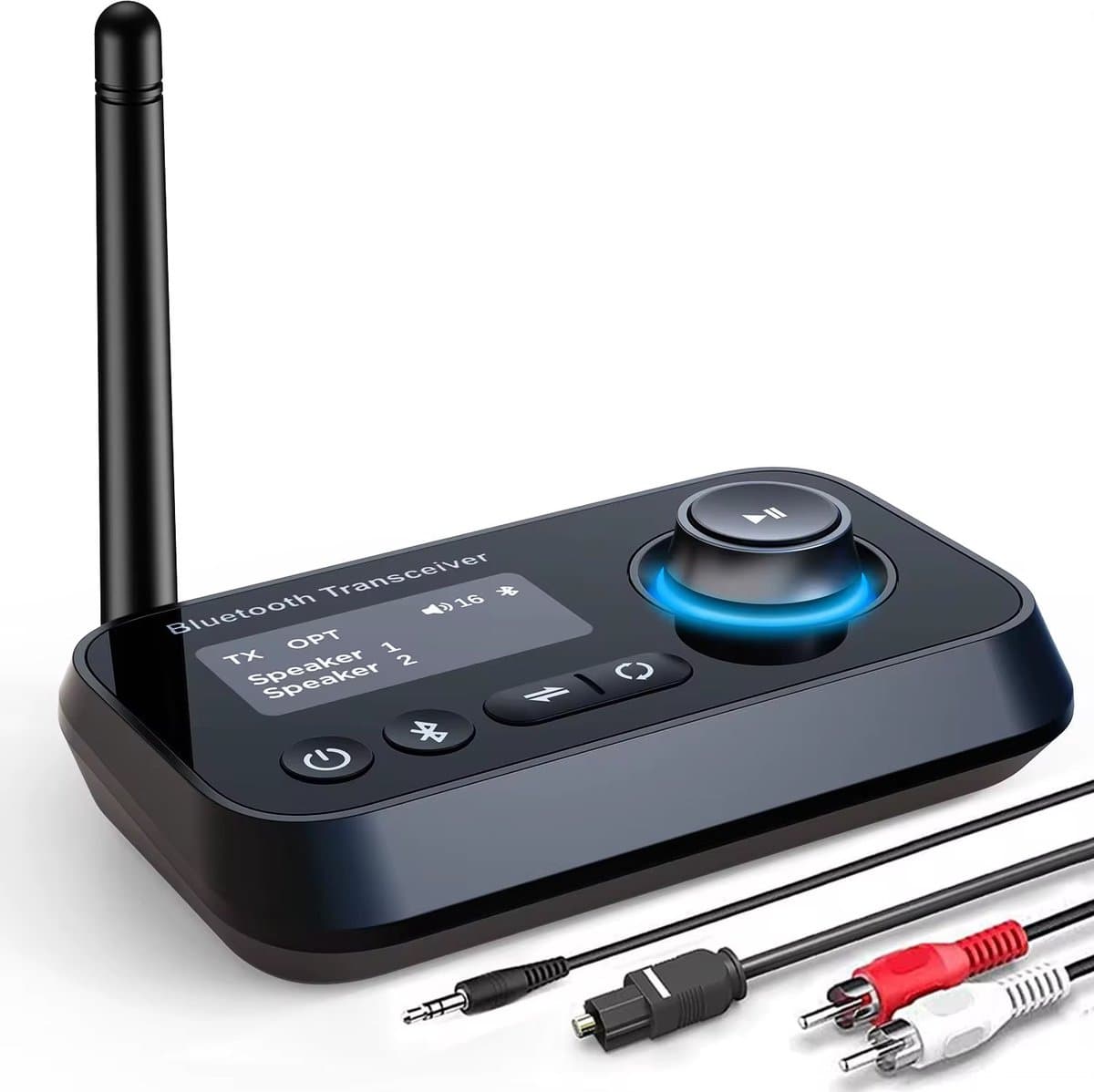 Naova® BT17 Bluetooth 5.3 Audio Adapter met LCD Scherm - 3-in-1 Transmitter Receiver voor TV, Hoofdtelefoon en Luidsprekers - 3.5mm Aux, RCA, Optische Kabel - Dubbele Koppeling — afbeelding 1