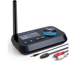 Naova® BT17 Bluetooth 5.3 Audio Adapter met LCD Scherm - 3-in-1 Transmitter Receiver voor TV, Hoofdtelefoon en Luidsprekers - 3.5mm Aux, RCA, Optische Kabel - Dubbele Koppeling