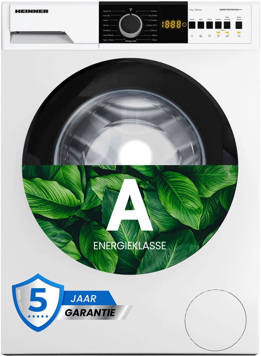Heinner HWM-VT2914IVCHA+++ Wasmachine 9 kg – 15 Wasprogramma’s – Anti-kreukfunctie – Digitaal Display – 1400 tpm – Energieklasse A – Wit – 5 Jaar Garantie — afbeelding 1
