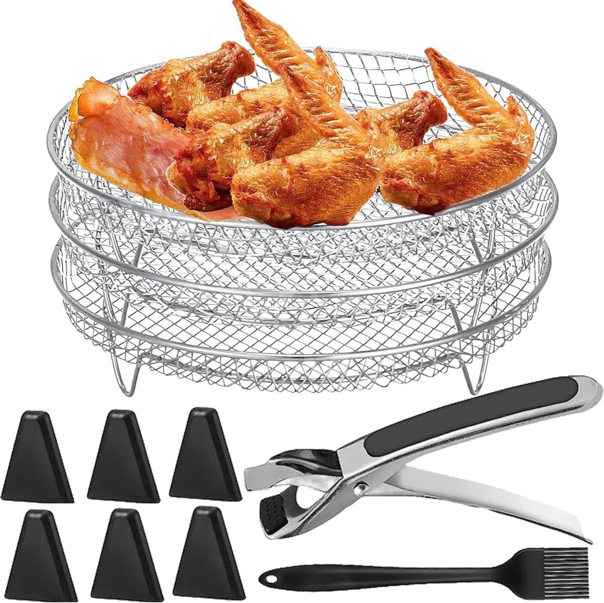 Luchtfriteuse rek - Rond roestvrij stalen dehydrator accessoires - 3 lagen stapelbaar - met silicone voeten en tong - geschikt voor 4.8L-6.6L toren. — afbeelding 1