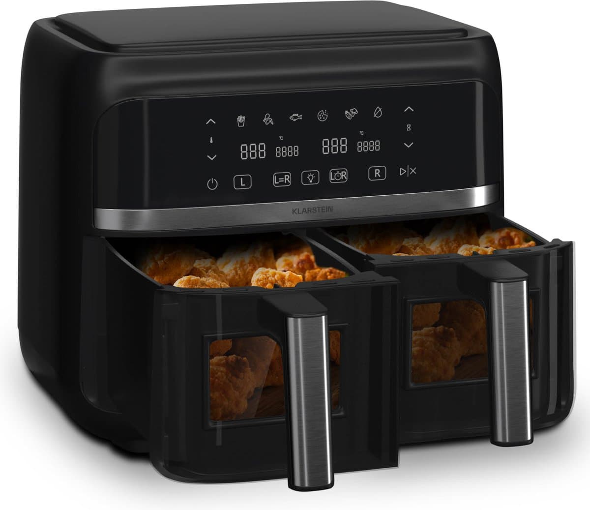 Klarstein heteluchtfriteuse, airfryer met 2 kamers, 2850 W compacte heteluchtfriteuse, 7,6 L luchtfriteuse met touch bediening, timer, voorverwarmen, 6 modi, grote heteluchtfriteuse, air fryer XL — afbeelding 1