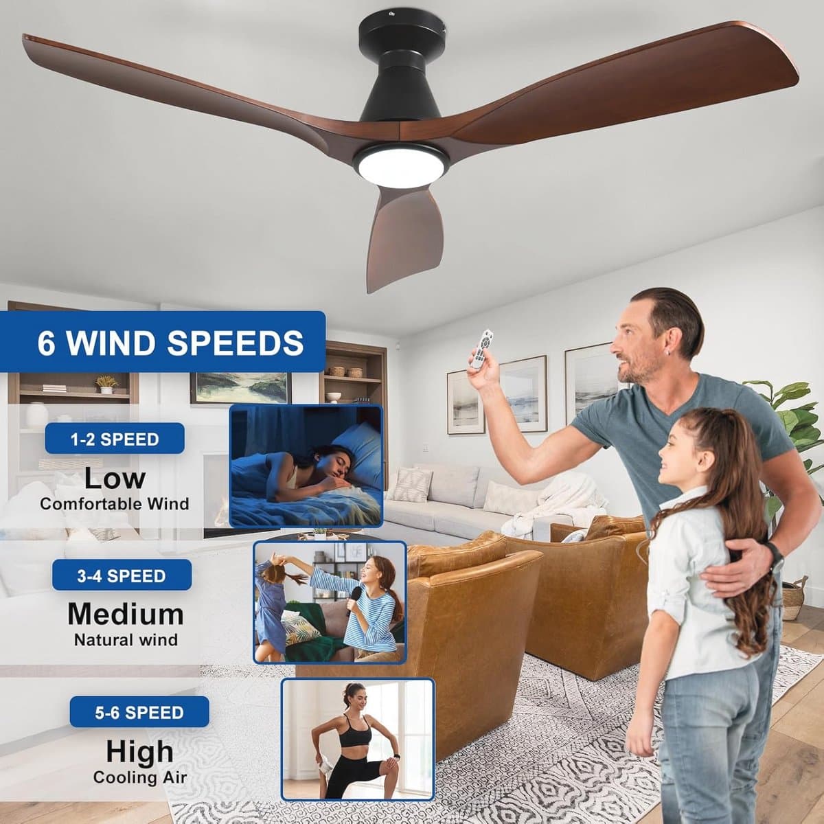 Depuley 52 inch plafondventilatoren met verlichting: walnoot 3-bladige inbouwventilator met laag profiel voor slaapkamer - dimbare buitenstille DC-motorventilator met afstandsbediening — afbeelding 1