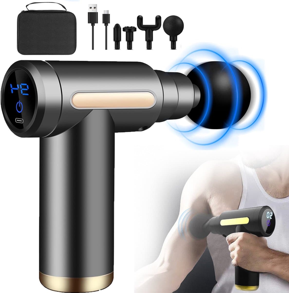 LCD-Display En 4 Massagekoppen – Massagepistool Met 6 Snelheidsniveaus – 2000 mAh Batterij En 25-30 Minuten Gebruiksduur – Geluidsarm En Draagbaar – Voor Benen, Rug, Schouders En Voeten — afbeelding 1