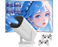 ECTEATOY® Mini Beamer – HD Smart Projector met WiFi 6 & Bluetooth 5.4 – 4K Support – Inclusief 2 Draadloze Controllers & Retro Games – Wit
