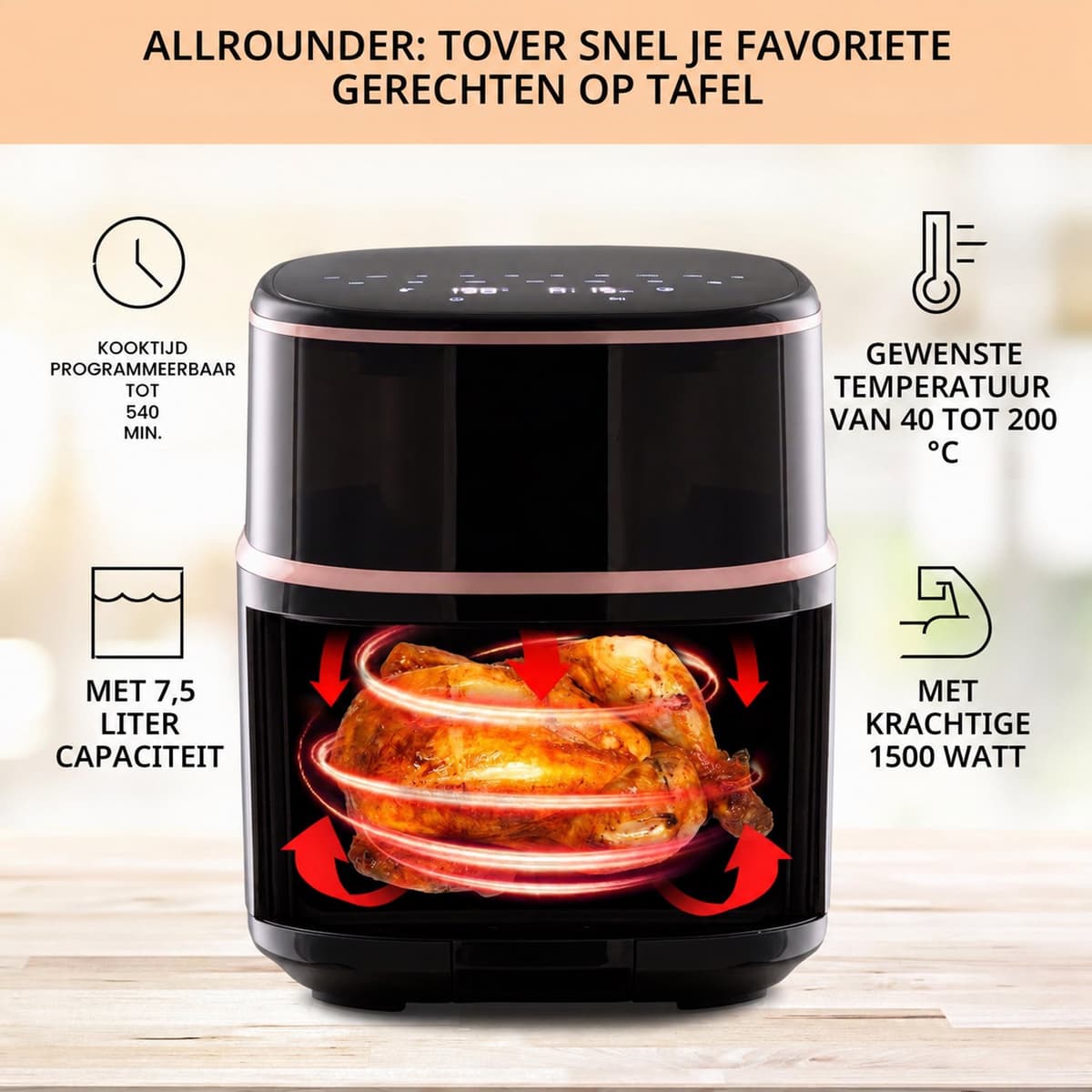 Airfryer Met Stoomfunctie - 7,5 Liter - 1500 W - 16 Kookprogramma’s - Touchscreen - Instelbare Temperatuur - Timer - Vaatwasserbestendige Onderdelen - Zwart — afbeelding 1