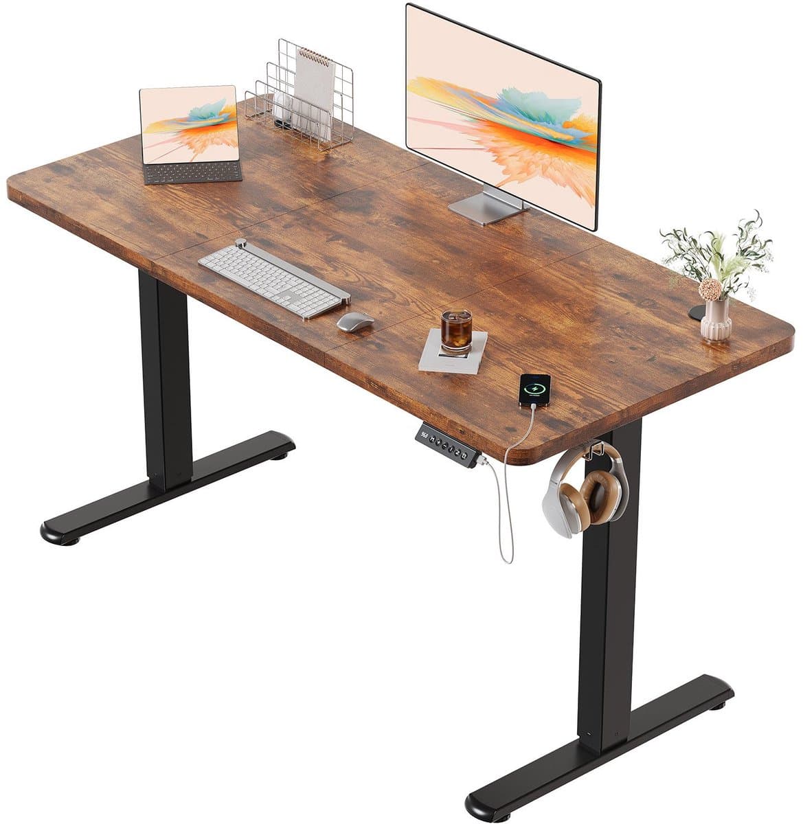 Devoko Elektrisch Verstelbaar Zit-Sta Bureau 120x60 cm Breed – Hoogte 73–118 cm – 2 Geheugenstanden, Zit-Herinnering, LED-Display en USB – Draagvermogen 70 kg – Vintagebruin — afbeelding 1