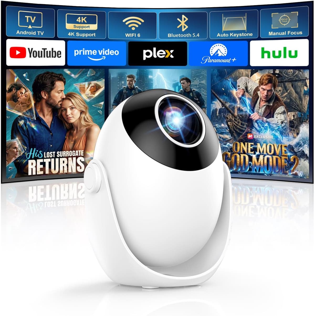 Mini Beamer Wit - Ingebouwde Apps - 4K Ondersteuning - LED Display - HDMI USB Wi-Fi Bluetooth - Voor Thuisbioscoop — afbeelding 1