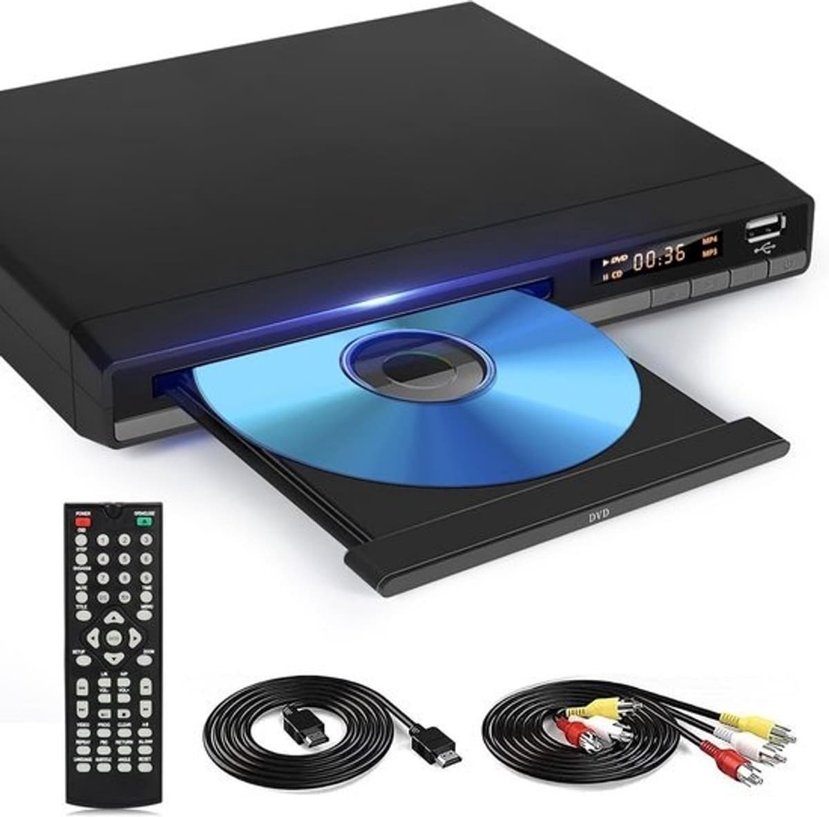 HD dvdspeler met HDMI, regiovrije dvd-spelers voor smart-tv, 1080P-upscaling, HDMI/RCA-uitgangskabel inbegrepen, hervatten vanaf onderbrekingspunt, ingebouwde PAL/NTSC, cd-spelers voor thuis (geen Blu-ray) — afbeelding 1