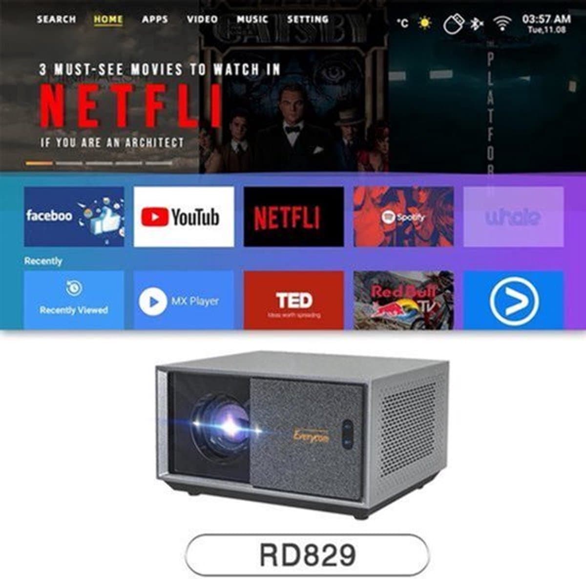 Everycom - RD829 - Beamer - Projector Beamer - Mini Meamer - 1920x1080dpi - Automatische focus - 5G - met WiFi - 12000lumens — afbeelding 1