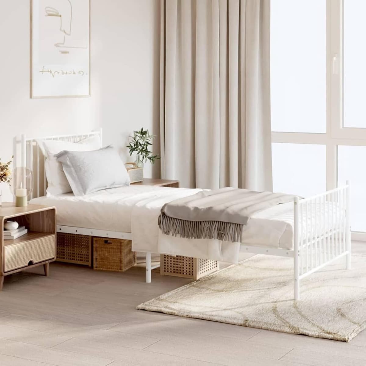 Bedframe met hoofdeinde en voetenplank, wit staal — afbeelding 1
