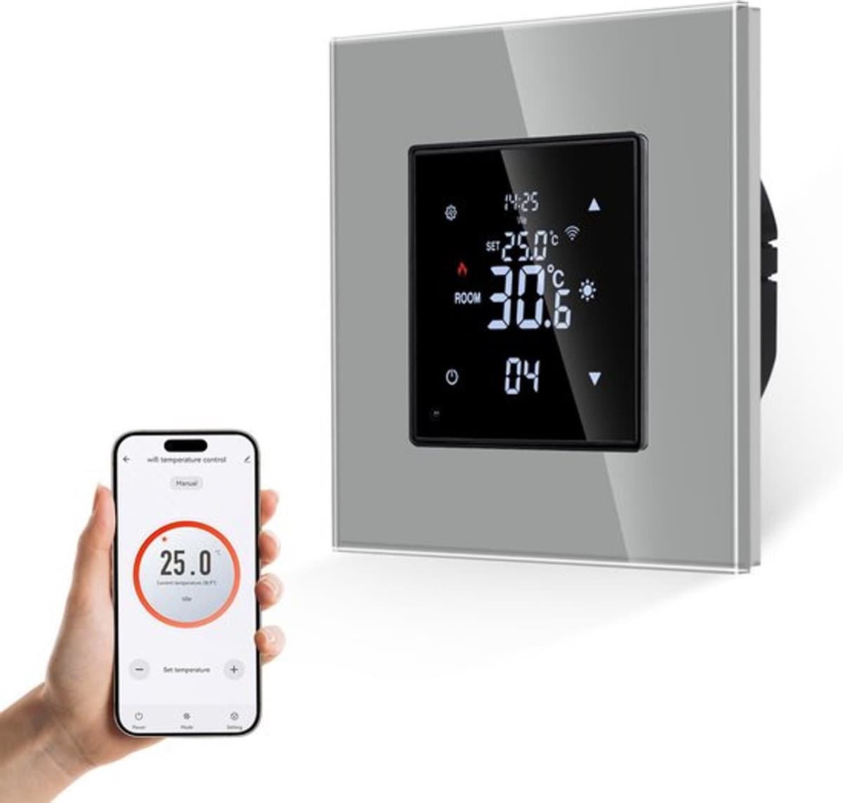 Smart thermostaat, verwarming, grijs, vloerverwarmingskamer met, constante temperatuurkamer voor elektrische verwarming en verwarmingstemperatuurregeling — afbeelding 1