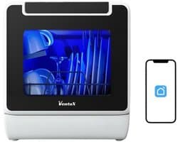 Ventux® Mini Vaatwasser Incl. App – 8 Programma’s – 3-4 couverts - Kleine Smalle Vrijstaand Vaatwasser Voor Camping - 900 Watt Afwasmachine – 42,5 x 42,8 x 45,8 cm - Wit