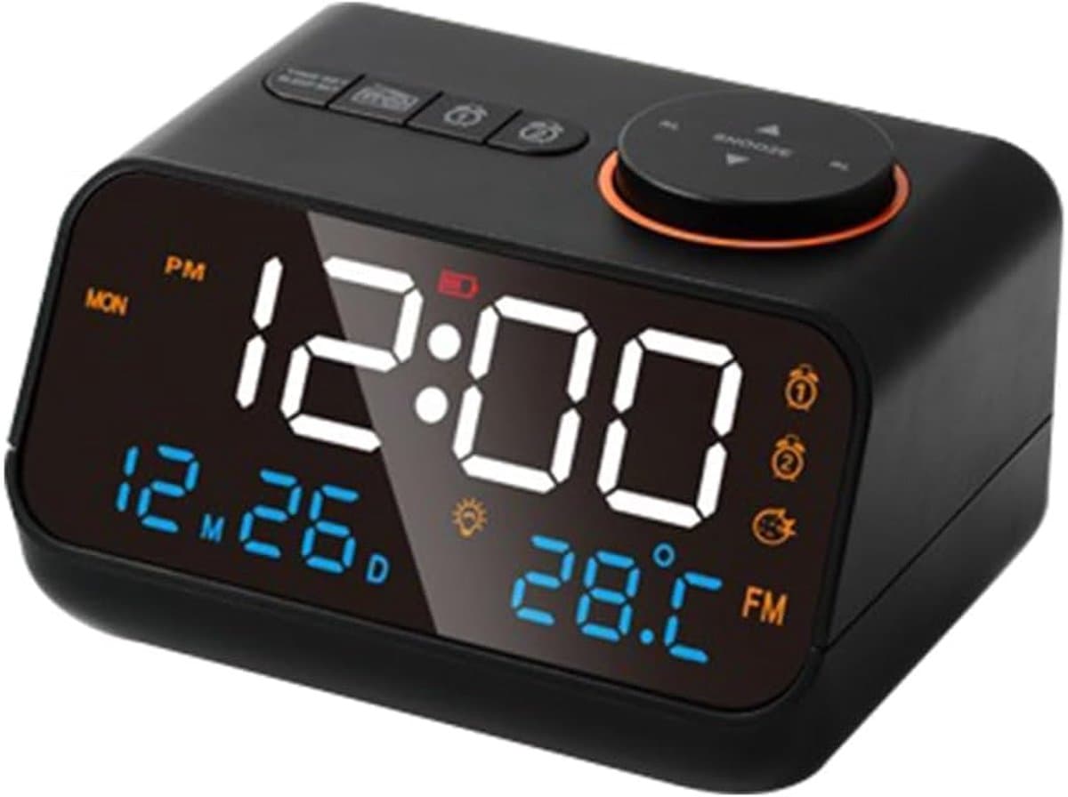 Multifunctionele wekker - met FM-radio - afleesbare LED-digitale klok - temperatuur- en vochtigheidsweergave - spraakbediening/altijd-aan-schakelaar - instelbare helderheid - snooze-functie - snooze-alarm - wit — afbeelding 1
