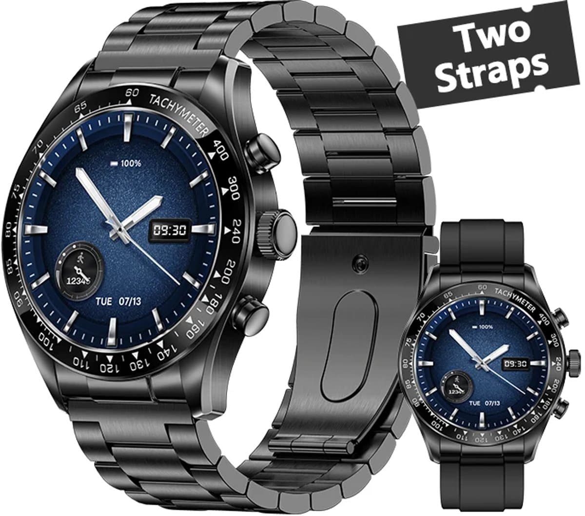 WizBay Premium Select® 1.32-inch AMOLED Smartwatch Dames/Heren – 178 Sportmodi – AI Voice – Bellen – Hartslag en Slaap – O2 – app GloryFitPro – Dual BT5.3 – 350mAh – Inclusief RVS en Siliconen Band Zwart — afbeelding 1