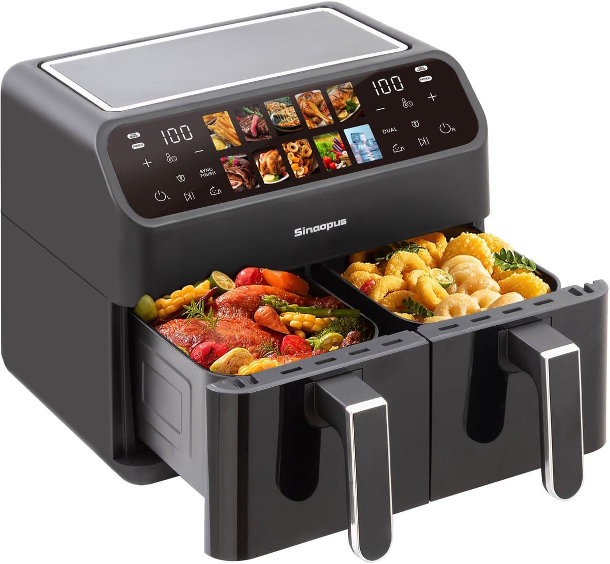 Digitale Airfryer XXL 10L Sinaopus 901 – Heteluchtfriteuse met Dubbele Mand en DualMand Onafhankelijke Snelle Opwarming – Voor Gezinnen – 10 Programma’s – Kijkvenster – Makkelijk te Reinigen – Capaciteit voor 5 Personen — afbeelding 1