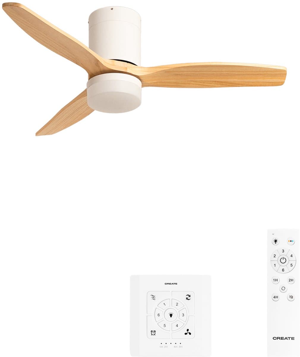 CREATE - Stille 40W plafondventilator met technische ABS bladen (Ø112cm) - Wit / Licht houtlook - Met licht - Controller voor wandmontage + afstandsbediening - WIND CALM — afbeelding 1