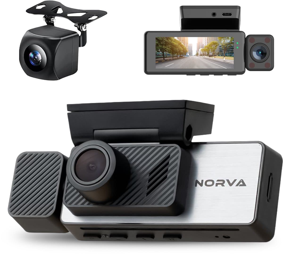 Norva - Dashcam voor Auto 3 in 1 - 4K Ultra HD - Voor en achter + binnen camera - Wifi & GPS - Nachtzicht - Besturing via app - 170 graden kijkhoek - G-sensor - loop recording - Incl. 64GB SD-kaart — afbeelding 1