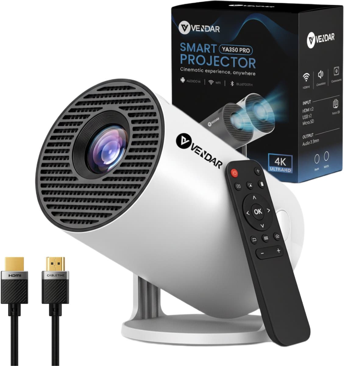 Vendar® YA350 Pro Mini Beamer 2025 – 350 ANSI Lumen – Inclusief HDMI Kabel - Smart Projector met 4K-ondersteuning – Geïntegreerd Android 14 – WiFi 6 & Bluetooth 5.4 – Voor iOS & Android – Thuisbioscoop – Wit — afbeelding 1
