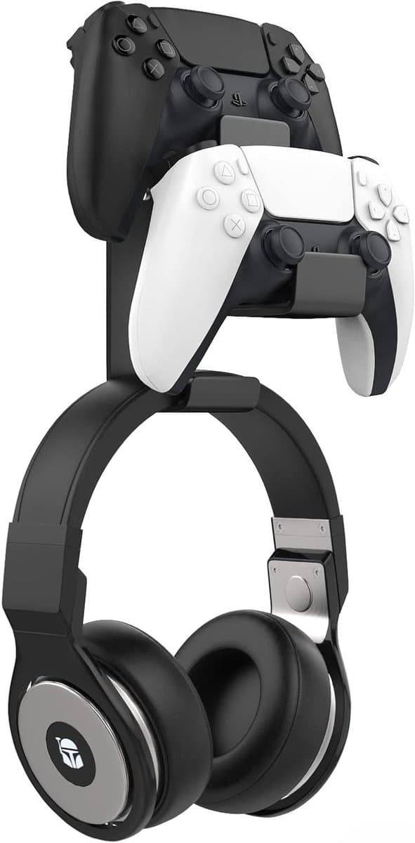 Dubbele controllerhouder en koptelefoonhanger voor gameconsoles en pc - wandhouder voor headsets - zwart — afbeelding 1