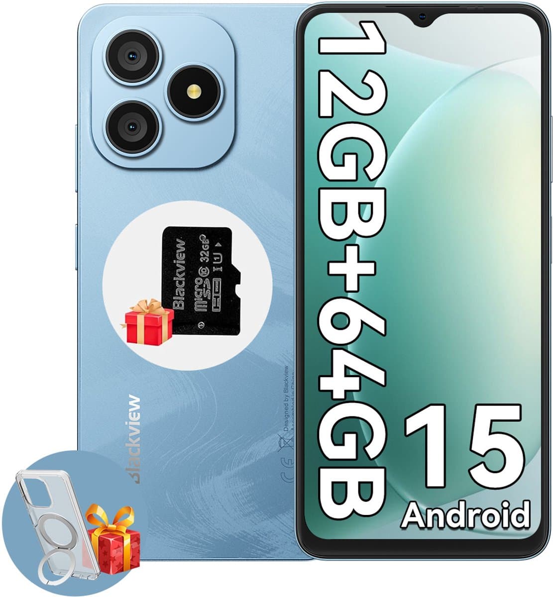 Blackview WAVE 9C Smartphone - 4G Dual SIM - 12 RAM 64GB ROM - Octa Core - 6.56 inch - Android 15 - 32GB TF kaart - Ringhouder Telefoonhoesje - Blauw — afbeelding 1