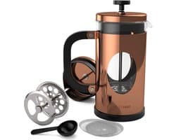 BonVIVO GAZETARO Franse pers koffiemaker - roestvrijstalen cafetière - met glazen kan - koffie zuiger - met filter - handmatige koffiezetter - koperen afwerking - groot - 1L/8 kopjes