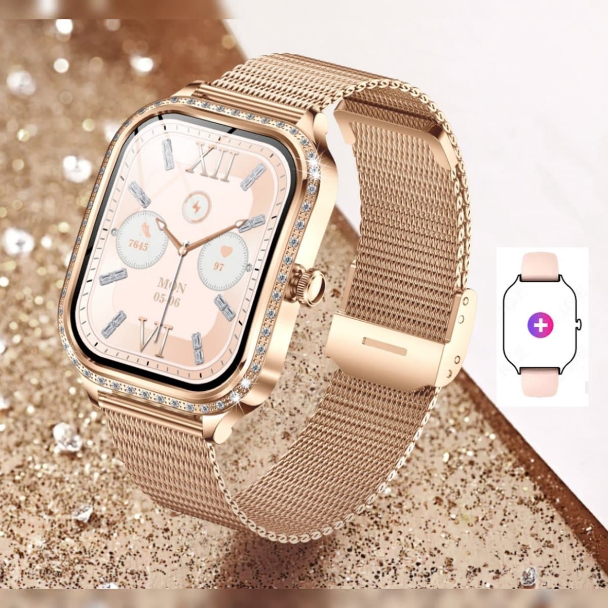 Knobbout 1,75 inch HD gebogen scherm smartwatch met ingelegde diamant - Slank, stijlvol en elegant design, speciaal geschikt voor dames - Vrouwelijke gezondheidstracking - Bluetooth-belfunctie - Roségouden staal + roze siliconen horlogebanden — afbeelding 1