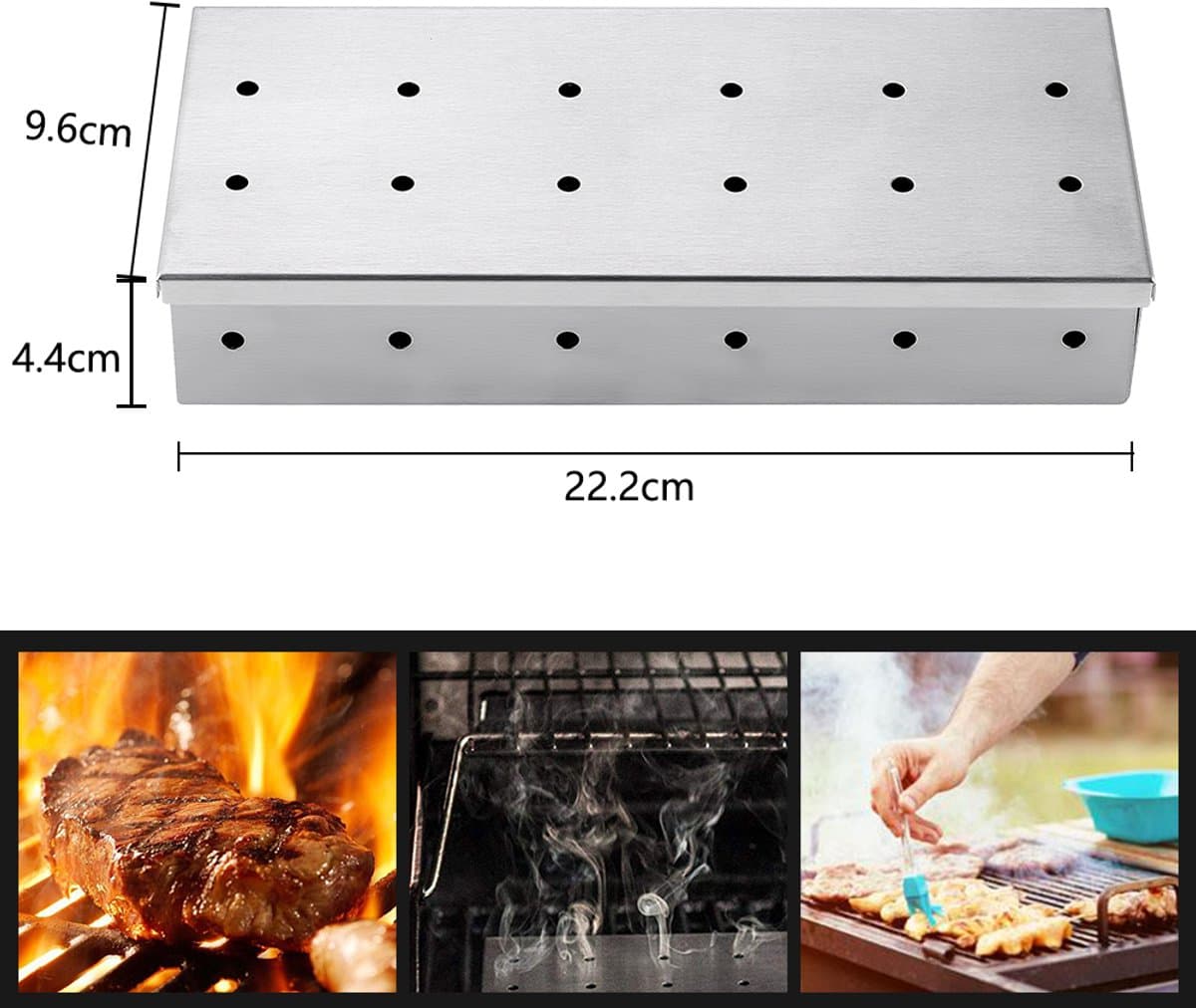 COZYVENT Extra dik Rookbox voor gasgrill of houtskoolgrill, rookbox van roestvrij staal, werkt met houtsnippers, voegt gerookte BBQ-smaak toe, scharnierend deksel, kromtrekkende grillaccessoires — afbeelding 1