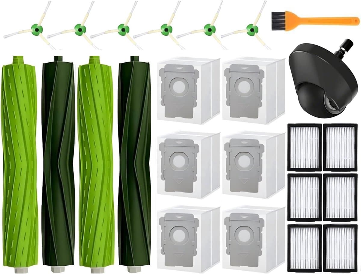 PolkaHome® 24-delige Vervangingsset voor iRobot Roomba e5 e6 e7 i1 i1+ i3 i3+ i4 i4+ i5 i5+ i6 i6+ i7 i7+ i8 i8+ – 4 Rollers, 6 HEPA-filters, 6 Zijborstels, 6 Stofzakken, 1 Voorwiel, 1 Reinigingsborstel – Accessoires & Onderdelen — afbeelding 1