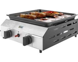 Gasbarbecue - Gasbarbecue en grill op tafel - 2 roestvrijstalen branders en drukregelaar - Gasbarbecue voor op de camping - zilver + zwart