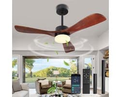 Rosnek Plafondventilator met Lamp - Ventilator Plafond met Massief Houten Bladen - LED Plafondlamp Dimbaar - Afstandsbediening & App - 6 Snelheden - Stille DC Motor - Ø132cm