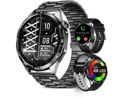 Avalue Smartwatch Heren - 1,8" AMOLED - Bluetooth Bellen - Bloeddruk & Hartslag Monitor - Bloedzuurstof - Slaapmonitor - Stappenteller - 330 mAh - iOS & Android - Incl. 3 Bandjes - Zwart