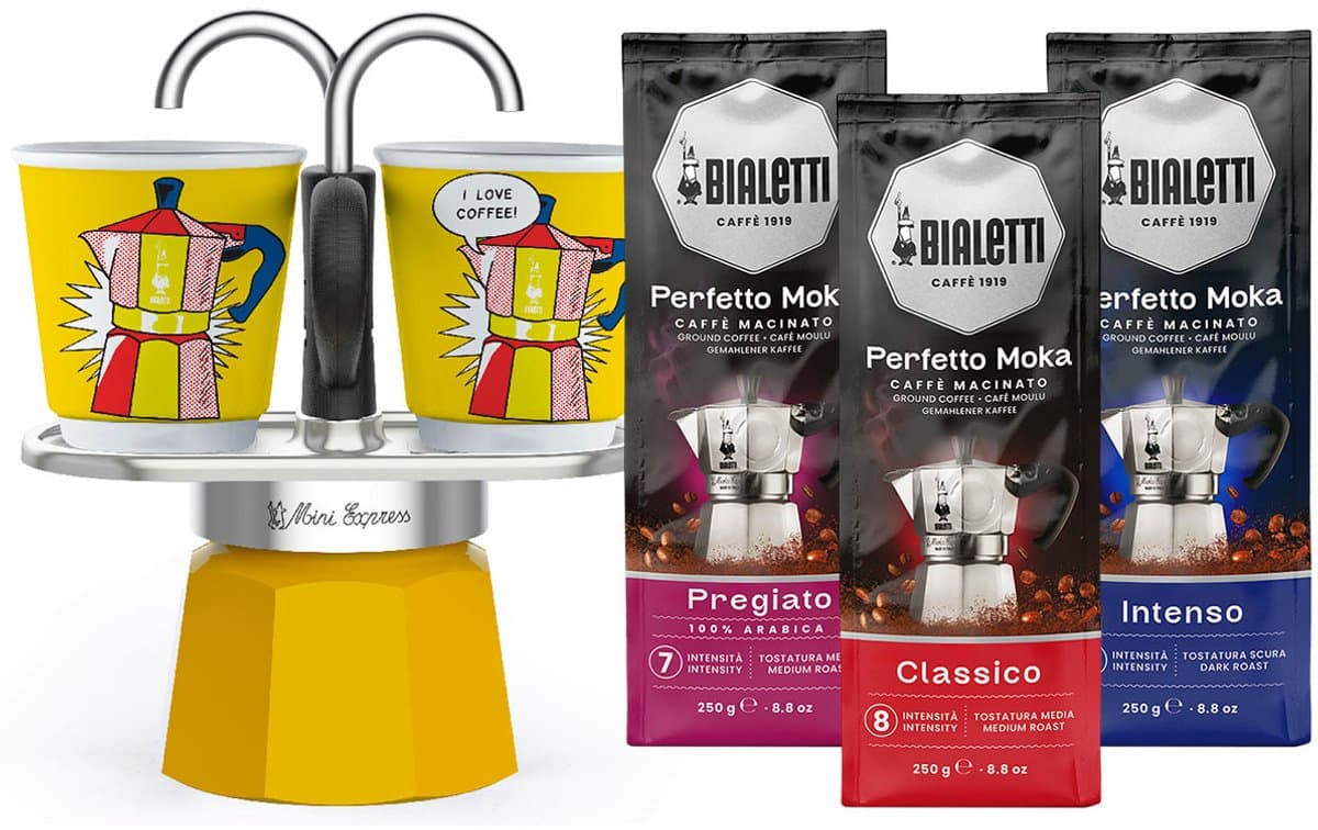 Bialetti Mini Express Lichtenstein + Bialetti Koffiepakket 3 x 250gr — afbeelding 1