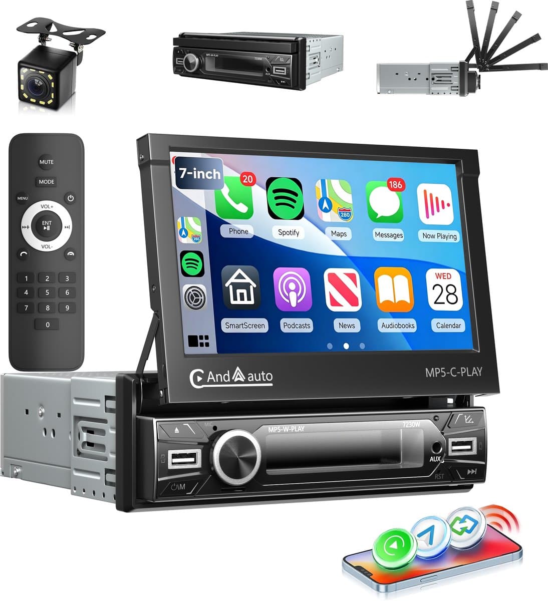 ESSGOO 1Din Autoradio - 7 Inch IPS HD Elektrisch Klapscherm - Apple Carplay & Android Auto (Draadloos) - Bluetooth, Aux, USB, SD & MP5 - 12 LEDs Achteruitrijcamera — afbeelding 1
