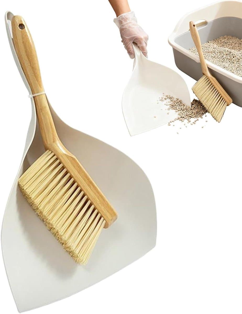 Handbezem en schep - Veegset - Kruimels opruimen - Ergonomisch houten handvat - 22.5 x 5.5 x 33.5 cm - Wit — afbeelding 1