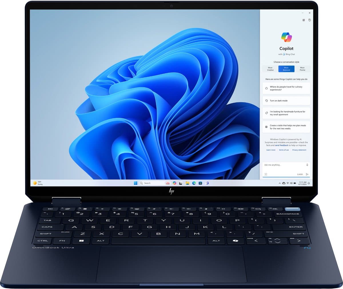 "HP OmniBook Ultra Flip 14-fh0020nb Copilot+ PC Intel Core Ultra 7 256V Hybride (2-in-1) 35,6 cm (14"") Touchscreen 3K 16 GB LPDDR5x-SDRAM 1 TB SSD Wi-Fi 7 (802.11be) Windows 11 Home Blauw" — afbeelding 1
